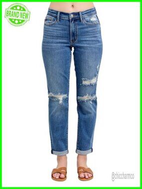 Mid Rise Destroyed Boyfriend Jeans Vintage Wash Distressed Denim